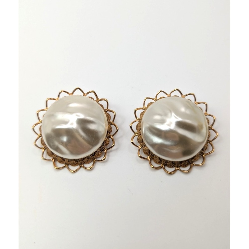 Vintage Faux Pearl Clip On Earrings Gold Tone Filigree Floral Dome 1.2"